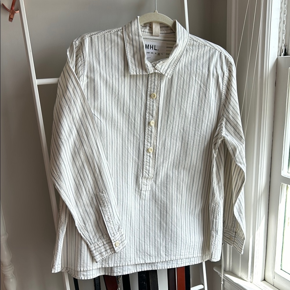 MHL Margaret Howell crisp off white and black lined pullover shirt. Size M. EUC